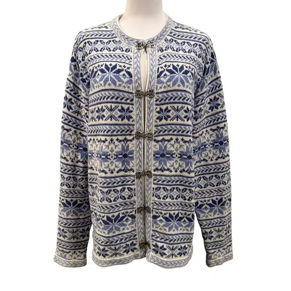 Croft Barrow Nordic Fair Isle Cardigan Blue White XL Snow Ski Grandmacore Cabin - Picture 1 of 9